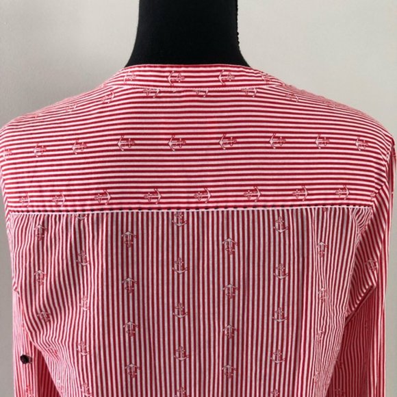 Womens Milano Stripped Red Anchor Nautical V neck button up blouse size 36 - Picture 9 of 14